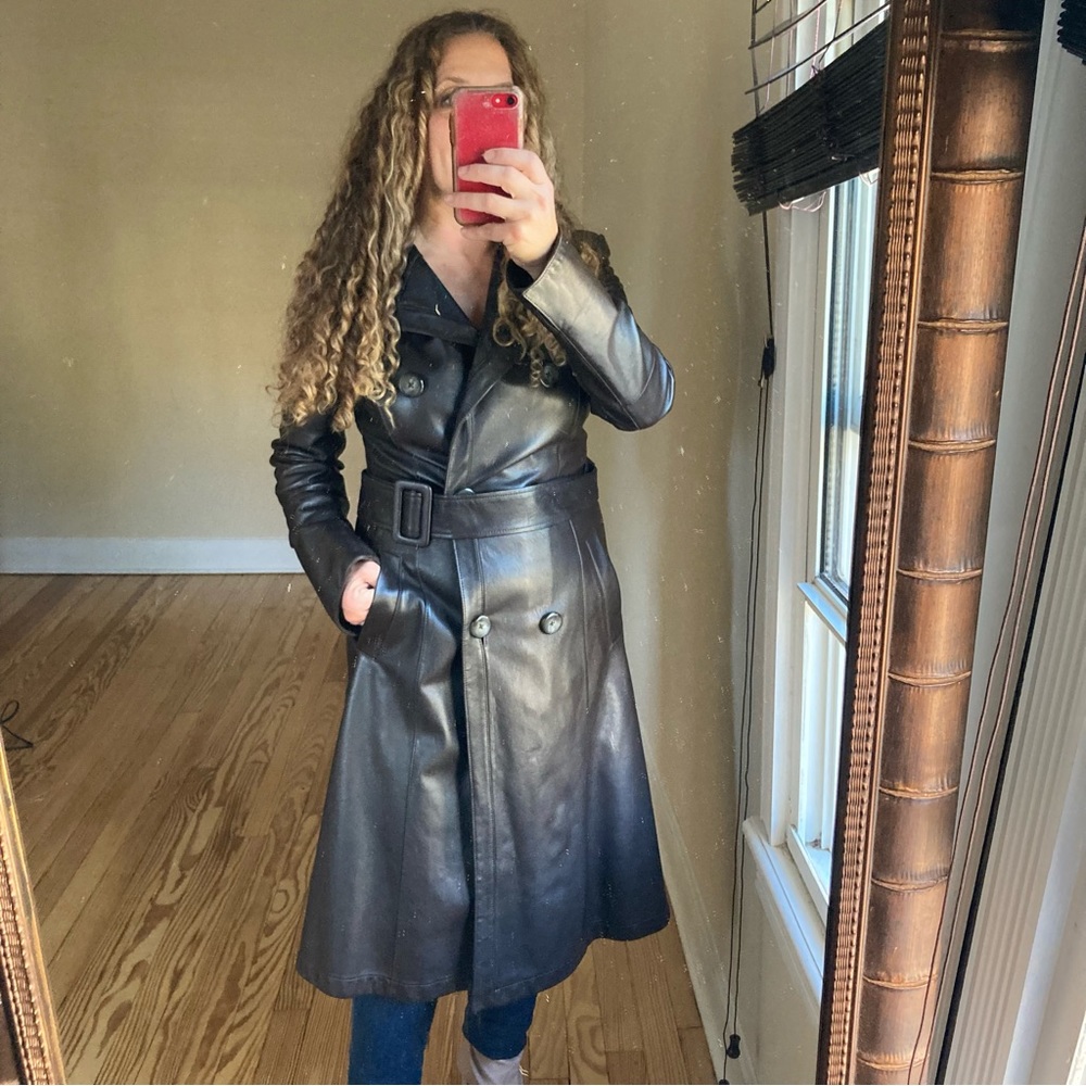 Lafayette 148 long leather trench coat belted chocolate brown‎ spy 70's size 2